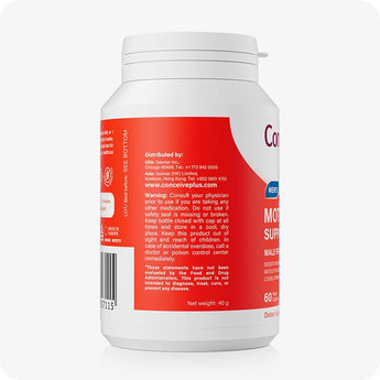 Conceive Plus Motility Support supplement bottle side view showing distributor information, warning label, barcode, and safety details on a red and white background, emphasizing product authenticity and usage precautions for male fertility support.