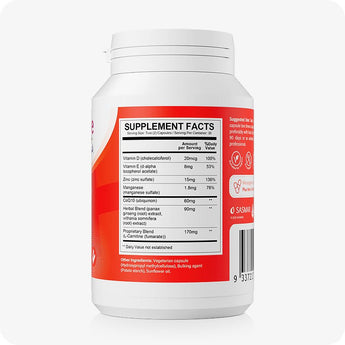 Conceive Plus Motility Support supplement bottle side view displaying full Supplement Facts panel, listing key ingredients like Vitamin D, Zinc, CoQ10, and herbal extracts, presented on a red and white label to inform users about nutrient content and daily values.