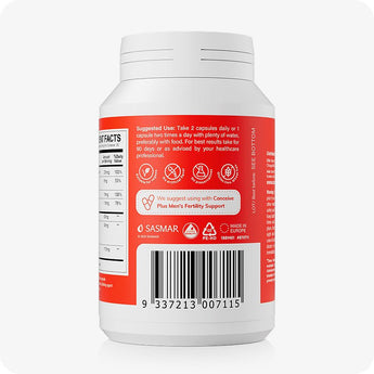 Conceive Plus Motility Support supplement bottle rear view highlighting dosage instructions, barcode, and suggested use label with icons for safety and purity, set against red and white design to guide proper intake and promote male reproductive health.