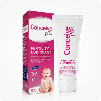 For Conceive Plus Fertility Lubricant Duo Bundle (75ml and 8 Applicators), image highlighting 75ml fertility lubricant multi-use tube positioned upright next to its product box, which features pink branding, a baby graphic, and key fertility claims like pH balanced and sperm quality support.