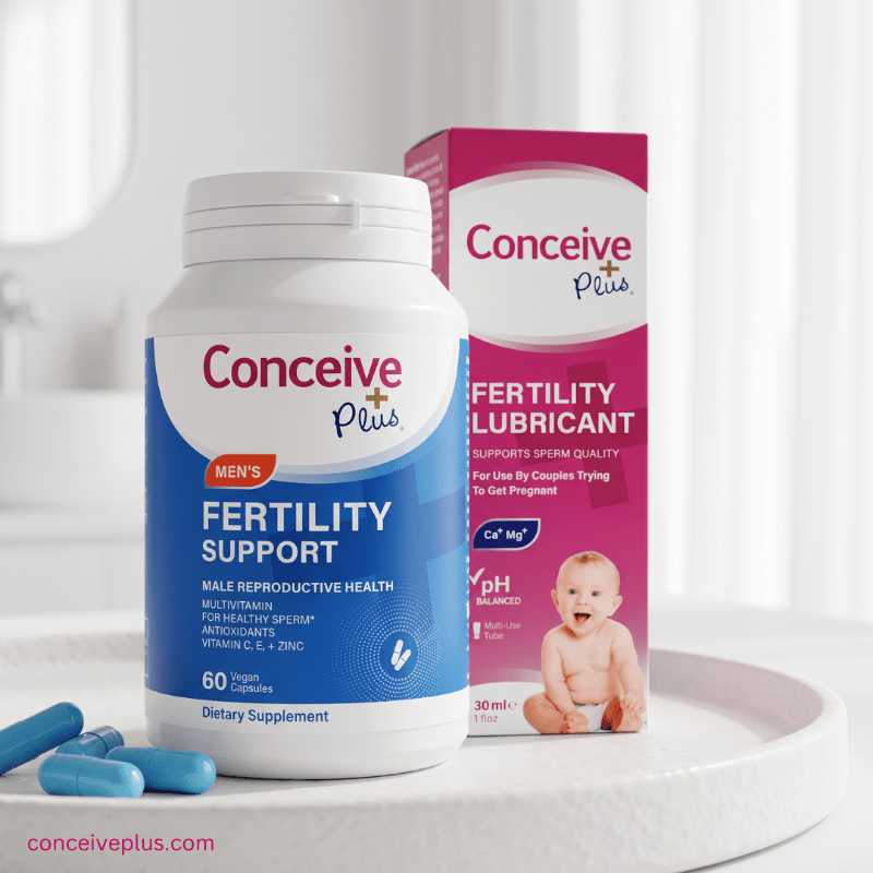 Supplement bottle labeled 'Conceive Plus Men's Fertility Support' and 'Conceive Fertility Lubricant' on a white surface.