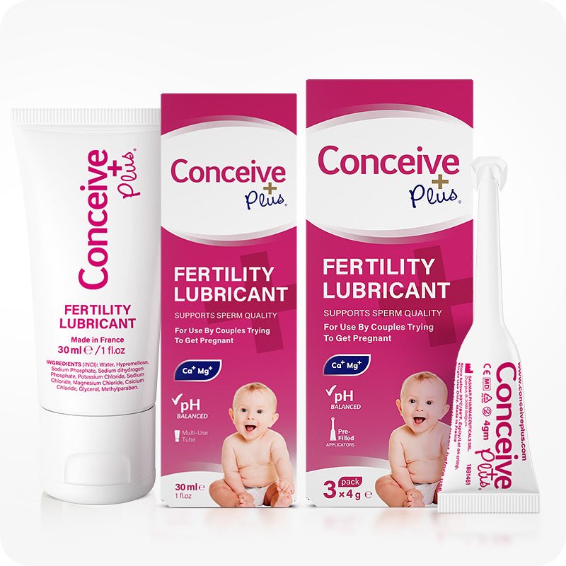 Conceive Plus Try Me Size Bundle (30ml Tube and 3x4g Applicators) displayed together with a white 30ml fertility lubricant tube, two pink-accented boxes showing product benefits, and a single pre-filled fertility lubricant applicator on right, all set against white background.