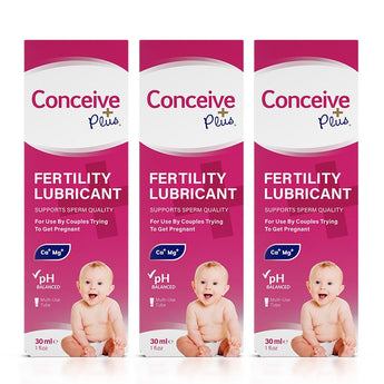 For Conceive Plus Try Me Size Bundle (30ml Tube and 3x4g Applicators), featuring a triple pack of 30ml fertility lubricant boxes, all aligned front-facing with magenta and white packaging, baby images, and icons for pH balance and calcium-magnesium support, displayed on white surface.