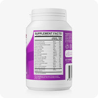 For Conceive Plus Women's Fertility Support and Fertility Lubricant Bundle, featuring supplement facts panel of fertility support bottle, listing vitamin and mineral content per serving in black and white text on a purple label, with ingredients and dosage values.