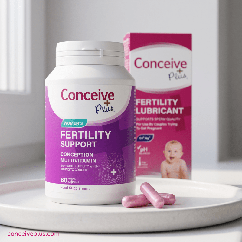 Conceive Plus fertility support product and lubricant on a white surface